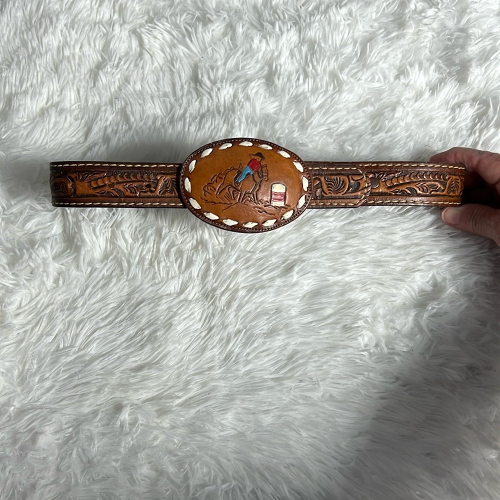 Comanchero Tooled Leather Western Cowgirl Girls Belt  Barrel Racing Buckle 24 - Picture 2 of 9